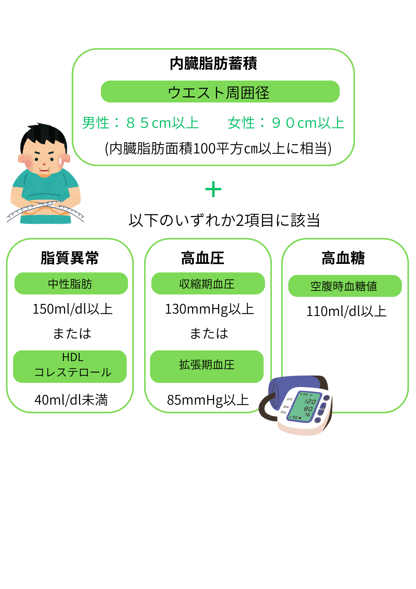 ウエスト周囲径が、男性は85cm以上、女性は90cm以上に加えて、脂質異常、高血圧、高血糖の内いずれか2項目に該当した時、メタボリックシンドロームと診断されます。